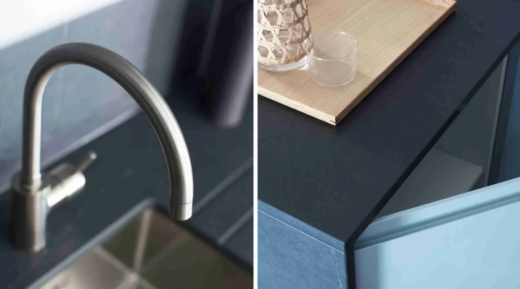 Split images of light grey kitchen. Close up of tap and corner unit